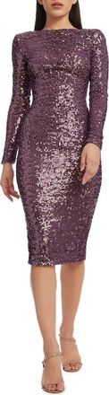 Dress The Population Emery Long Sleeve Sequin Cocktail Midi Dress in Deep Purple at Nordstrom, Size Xx-Small