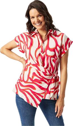 Biba Dames-shirt met gedraaide tailleband en korte mouwen (Rood, Wit)