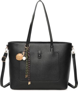 Generic Ladies Faux Leather Handbag, Large Shoulder Tote with Decorative Charm, Double Handle Design, Crossbody Strap (Black)