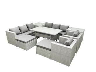 Fimous Rattan Garden Furniture Set Outdoor 8 Seater Patio Dinin g Sofa Sets with Dining Table 2 Chairs 2 Side Tables 2 Big Footstools Light Grey Mixed