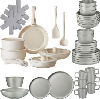 TecTake Set b&aacute;sico de cocina para 6 personas, 46 piezas, gris/blanco