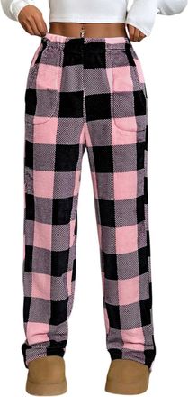 Generic Womens Plush Fleece Lounge Pants, High-Waisted Drawstring Pyjama Bottoms with Pockets | Soft Flannel Check & Solid Fleece Trousers for Ladies Homewear