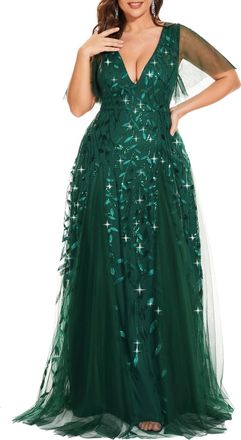 Ever-pretty Women Plus Size Evening Dress Sequins Floor Length Short Sleeves Dark Green 20