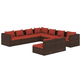 vidaXL Set Muebles De Jard&iacute;n 9 Piezas Y Cojines Rat&aacute;n Sint&eacute;tico Marr&oacute;n Vidaxl
