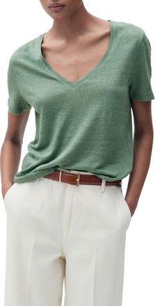 Mango V-Neck Linen T-Shirt in Green at Nordstrom, Size 2X