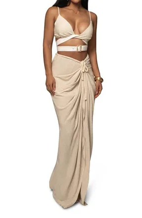 JLUXLABEL Noelia Linen Slit Skirt in Beige at Nordstrom, Size X-Large