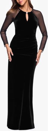 Betsy & Adam Mesh Long Sleeve Ruched Velvet Gown in Black at Nordstrom, Size 10