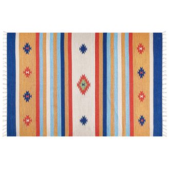 Beliani Alfombra Kilim De Algod&oacute;n Rojo Azul Amarillo 200 X 300 Cm A Mano Geom&eacute;trico Borlas Taronik