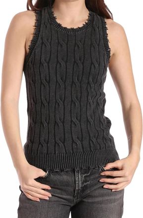 Minnie Rose Stone Wash Distressed Cable Tank Top In Black