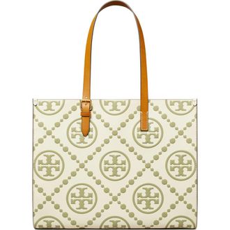 Tory Burch T Monogram Contrast Embossed Leather Tote in Olive Spring at Nordstrom