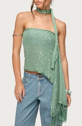 Edikted Two-Piece Sequin Scarf Top in Sage at Nordstrom, Size X-Small
