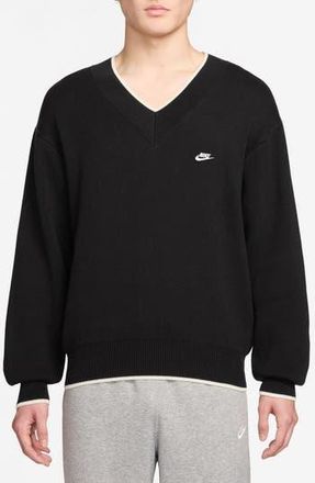 Nike Club Oversize Cotton V-Neck Sweater in Black/Sail/White at Nordstrom Rack, Size Small