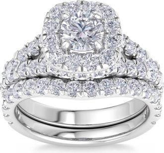 Pompeii3 3 1/2Ct Cushion Halo Split Ring Diamond Engagement Set in White Yellow Rose Gold