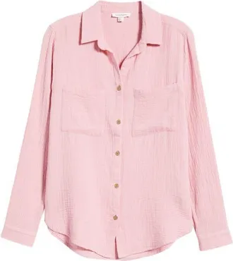 Beach Lunch Lounge Micaela Cotton Button-Up Shirt in Flamingo Rose at Nordstrom, Size X-Large