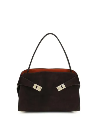 Ferragamo Womens Shoulder Bag Hug Soft Dark Brown Suede Patterned Calf Leather