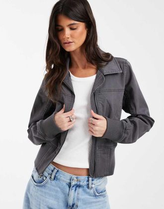 Hollister giacca aderente in twill con collo alto anni 2000 color antracite-Grigio