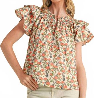 Merci Floral Flutter Sleeve Blouse In Ivory