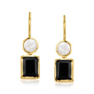 Ross-Simons Onyx and 4.5-5mm Cultured Pearl Drop Earrings in 18kt Gold Over Sterling
