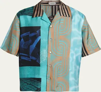Versace Mens Silk Multi-Abstract Medusa Camp Shirt
