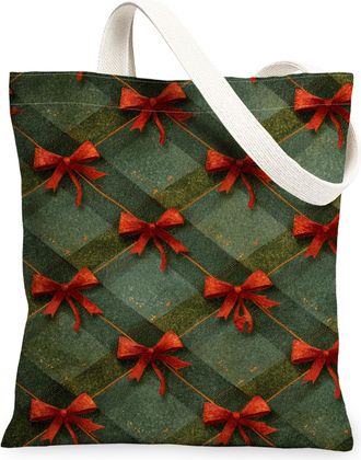 Generic Christmas Bow Canvas Tote Bags, Decorative Ribbon Design Reusable Grocery Bags, Rustic Lightweight Washable Shoulder Strap, Green, 13x15 Inch