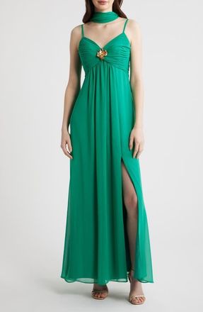 Eliza J Pleated Chiffon Gown with Scarf in Jade at Nordstrom, Size 12