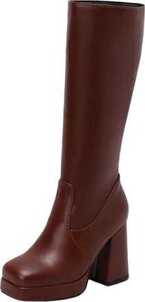 Generic Women Knee High Platform Boots Thick Heel Side Zipper Pu Leather Winter Elegant Party Long Boot