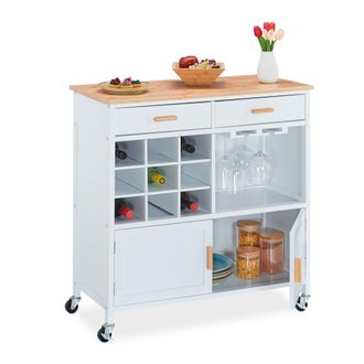 Relaxdays Carrito Auxiliar Con Botellero, 88,5 X 86 X 41 Cm, Encimera, Colgador De Copas De Vino, Con Ruedas, Blanco - Relaxdays
