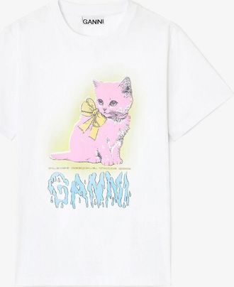 Ganni White Kitty T-shirt - Size S Organic Cotton