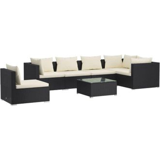 vidaXL Set De Muebles De Jard&iacute;n 7 Pzas Y Cojines Rat&aacute;n Sint&eacute;tico Negro Vidaxl