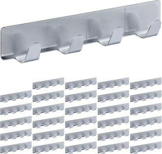 Relaxdays Percheros Autoadhesivos 4 Ganchos, Set De 30, Acero Inoxidable, Ba&ntilde;o Y Cocina, 16 Cm, Colgador Llaves, Plateado