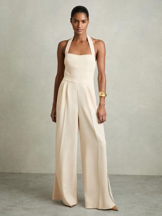 Reiss Cream Petite Embroidery Halterneck Wide-leg Jumpsuit, 8