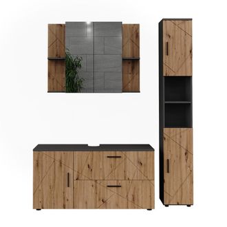 Vicco Conjunto De Muebles De Ba&ntilde;o Irma, Antracita/roble Artesanal, 3 Partes, Vicco