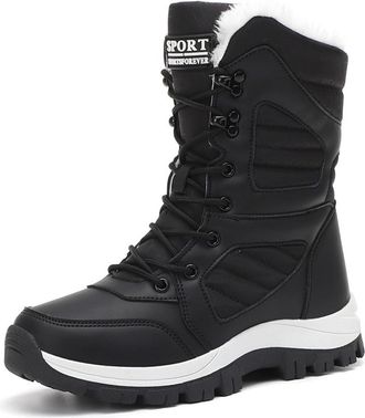 Generic Womens Winter Waterproof Snow Boots Mid-Calf Winter Shoes Warm Faux Fur Lining Boots Outdoor Travel Ankle Boots(Black,6.5 UK)