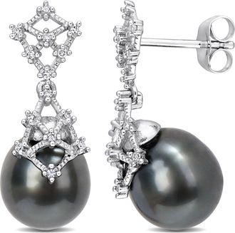 Mimi & Max 9-10mm Black Tahitian Cultured Pearl 1/7ct TW Diamond Earrings 14k White Gold