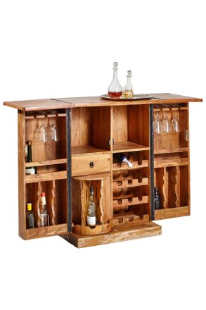 Landscape Barschrank, Mehrfarbig, Dunkelbraun, Hellbraun, Holz, Recyclingholz, massiv, 2 F&auml;cher, 1 Schubladen, 75x107x52 cm, Esszimmer, Barm&ouml;bel, Barschr&auml;nke & 