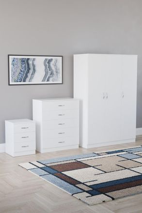 Home Discount Riano 3Pc Bedroom Set - 3 Drawer Bedside, 5 Drawer Chest & Wardrobe in White