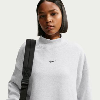 Nike Womens Studio Fleece Medium Weight Oversized Mock-Neck Sweatshirt in Brown | IM8610-051