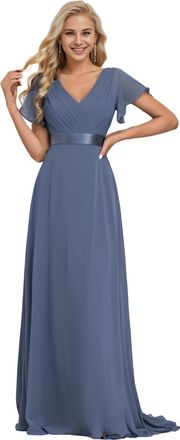 Ever-pretty Womens Double V-Neck Short Flutter Sleeves Empire Waist Elegant Chiffon Long Evening Dresses Blue 6UK