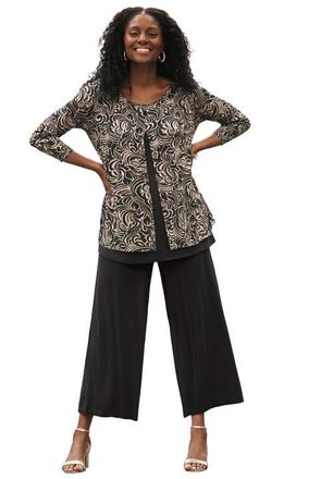 Jessica London Crew Neck Double Layered Tunic in Black Khaki Scroll at Nordstrom, Size Large