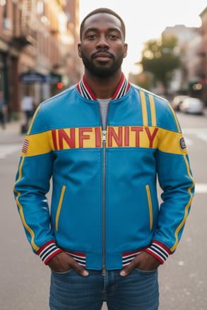 Infinity Leather Mens Blue Italian Leather Track Racing Bomber Biker Jacket - Circuit