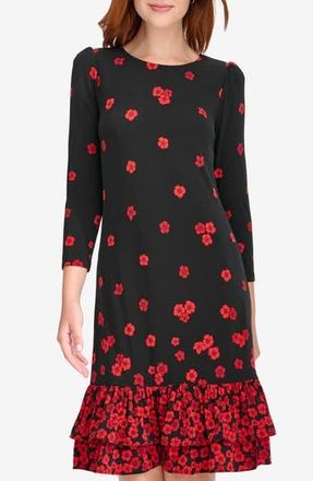 Tommy Hilfiger Floral Ruffle Hem Shift Dress in Black/Scarlet at Nordstrom Rack, Size 10