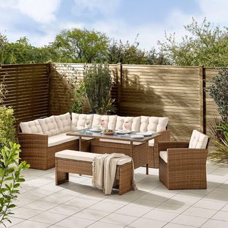 Furniturebox Marbella Textured Grey Rattan Garden Dining Set Grey Cushions 9 Seat Outdoor Sofa, Glass Table Top 145x80cm in Beige | Size: 145x80 cm