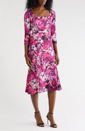 Julia Jordan Floral Print Fit & Flare Midi Dress in Magenta Multi at Nordstrom Rack, Size 10