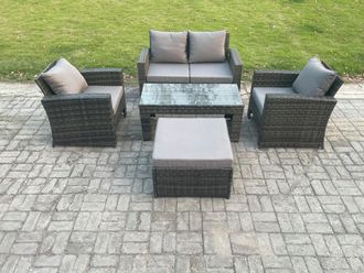 Fimous Outdoor Rattan Garden Furniture Set 5 Seater Patio Lounge Sofa Set with Coffee Table Big Footstool in Dark Grey