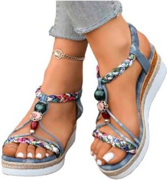 Generic Bohemian Beach Sandals for Women 2026,Platform Sandals Women Summer Dressy,Rhinestone Beaded Elastic Ankle Strap Flip Flops Open Toe Summer Beach Flat