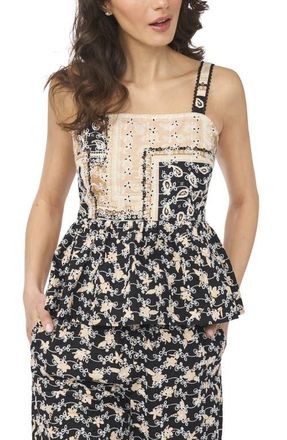 CeCe by Cynthia Steffe Floral Patchwork Embroidered Cotton Poplin Peplum Top in Rich Black at Nordstrom, Size Xx-Small