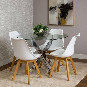 Kosy Koala Round Glass Dining Table Set With 4 White Plastic Chairs