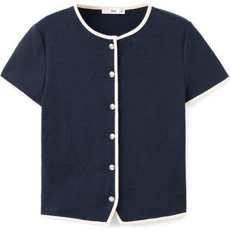 Mango Piped Trim Cotton Button-Up Top in Dark Navy at Nordstrom, Size X-Small