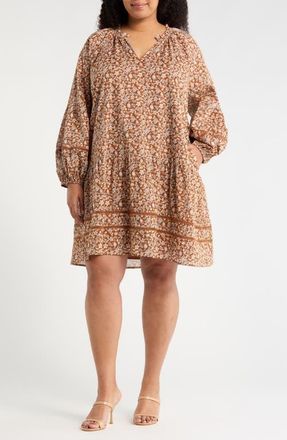 Sugarlips Ramsey Ditsy Floral Print Long Sleeve Minidress in Brown-Mult at Nordstrom, Size 2X