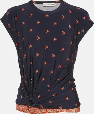 Paco Rabanne Navy Blue Printed Jersey Knot Detail Top